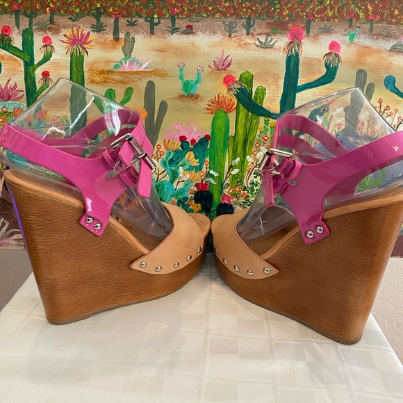 Chinese Laundry, Jungle Gym, Leather Platform Wedge Sandals, Pink/Tan, W Size 7 - Picture 11 of 16